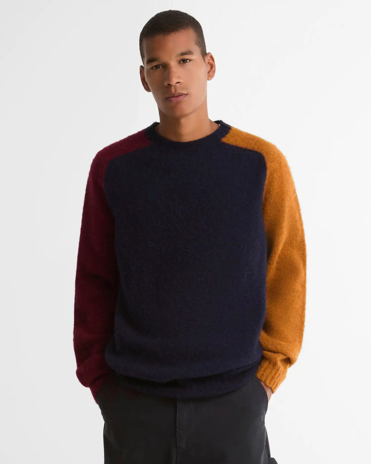 Scottish-Made Colour Block Wool Crew Neck Jumper